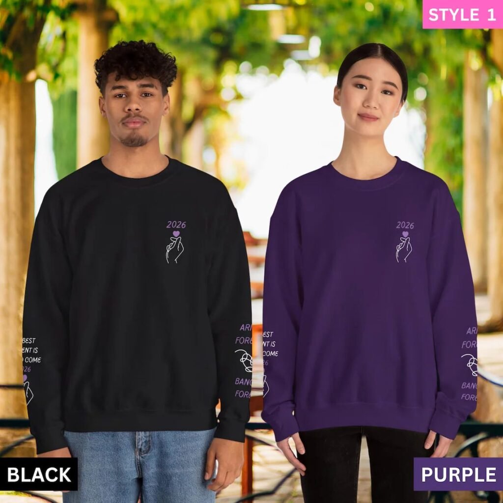 BTS Sweatshirt featuring Army Forever artwork in a chosen colour, shown on a plain background
